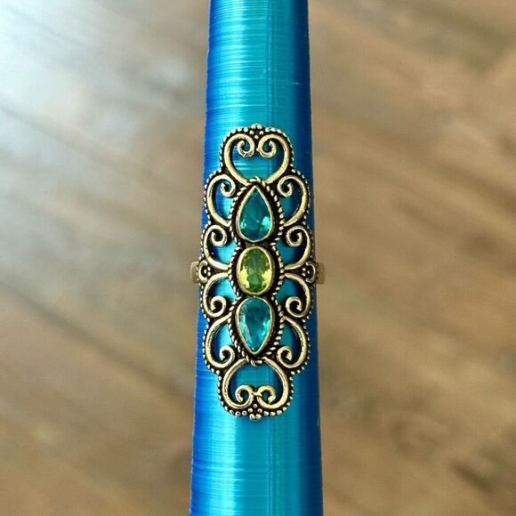 Trio Gem Elegance – Silver Ring with Blue Topaz & Peridot Teardrops Size 9 New - Picture 2 of 6